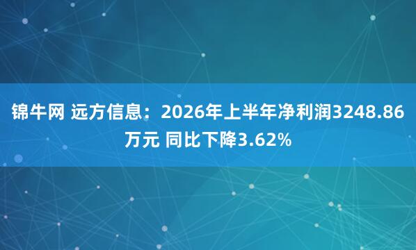 锦牛网 远方信息：2026年上半年净利润3248.86万元 同比下降3.62%